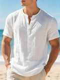 Men's Cotton Linen Henley Short Sleeve T Shirt Lightweight Breathable Solid Color Casual Loose Fit Summer Beach Vacation Top