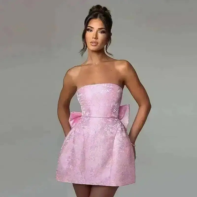 Townlike Jacquard Waist Wrap A-line Dress Women Mini 2024 Spring Summer Dress Elegant Bow Backless Sexy Party Dresses