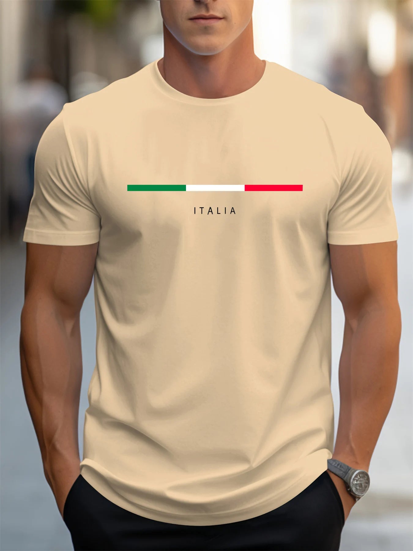 Men's summer 100 cotton fashionable casual loose plus size ITALIA pattern printed sports round neck short sleeved T-shirt top