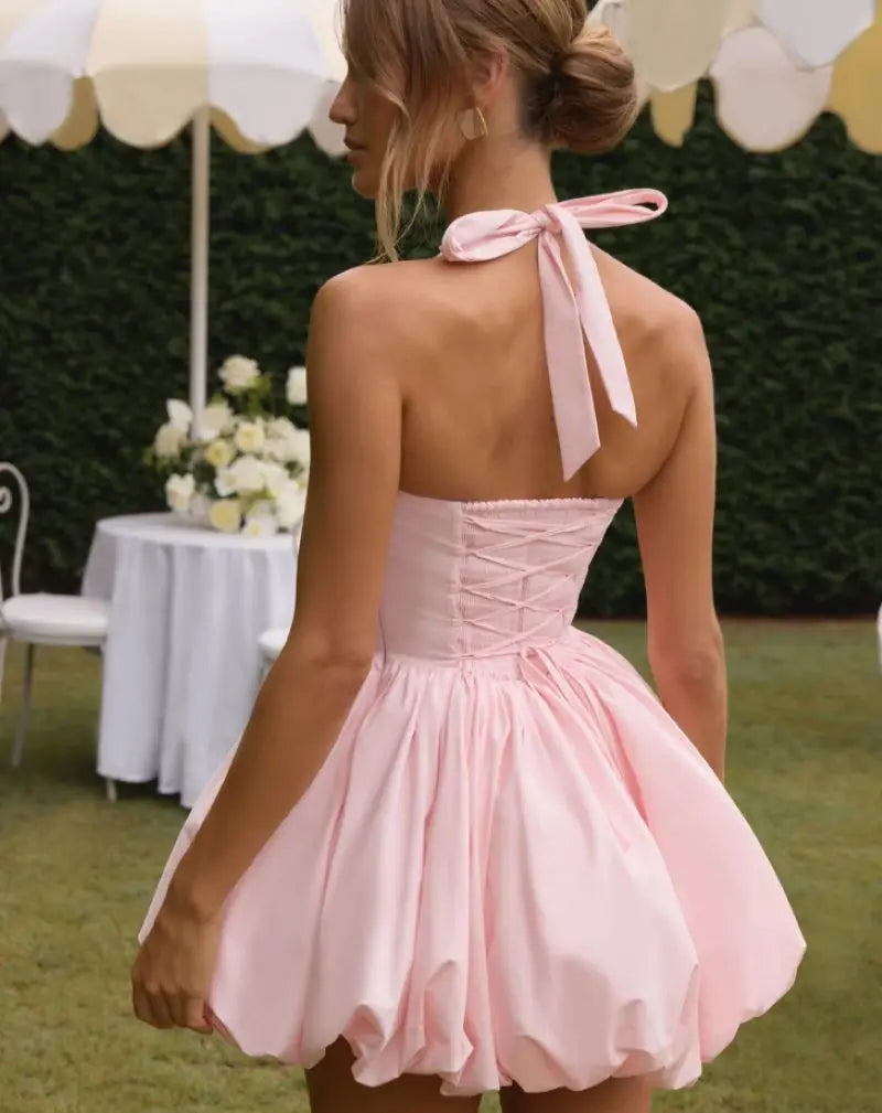 Elegant Halter Corset Short Dress Women's Backless A-line Mini Dresses Evening Party Black Pink Red White Summer Wedding Guest